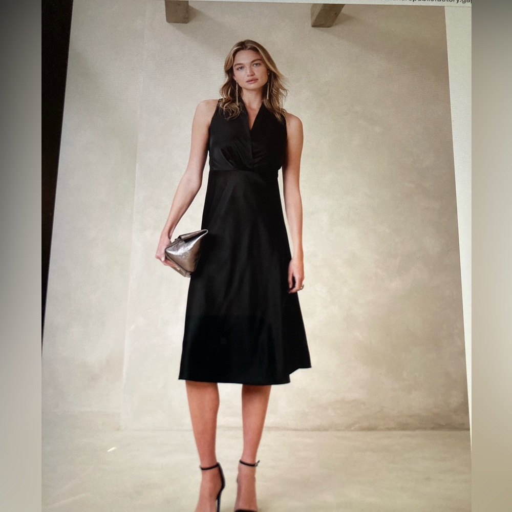 Statin V-Neck Knee Length Dress, Black , Banana Republic Factory